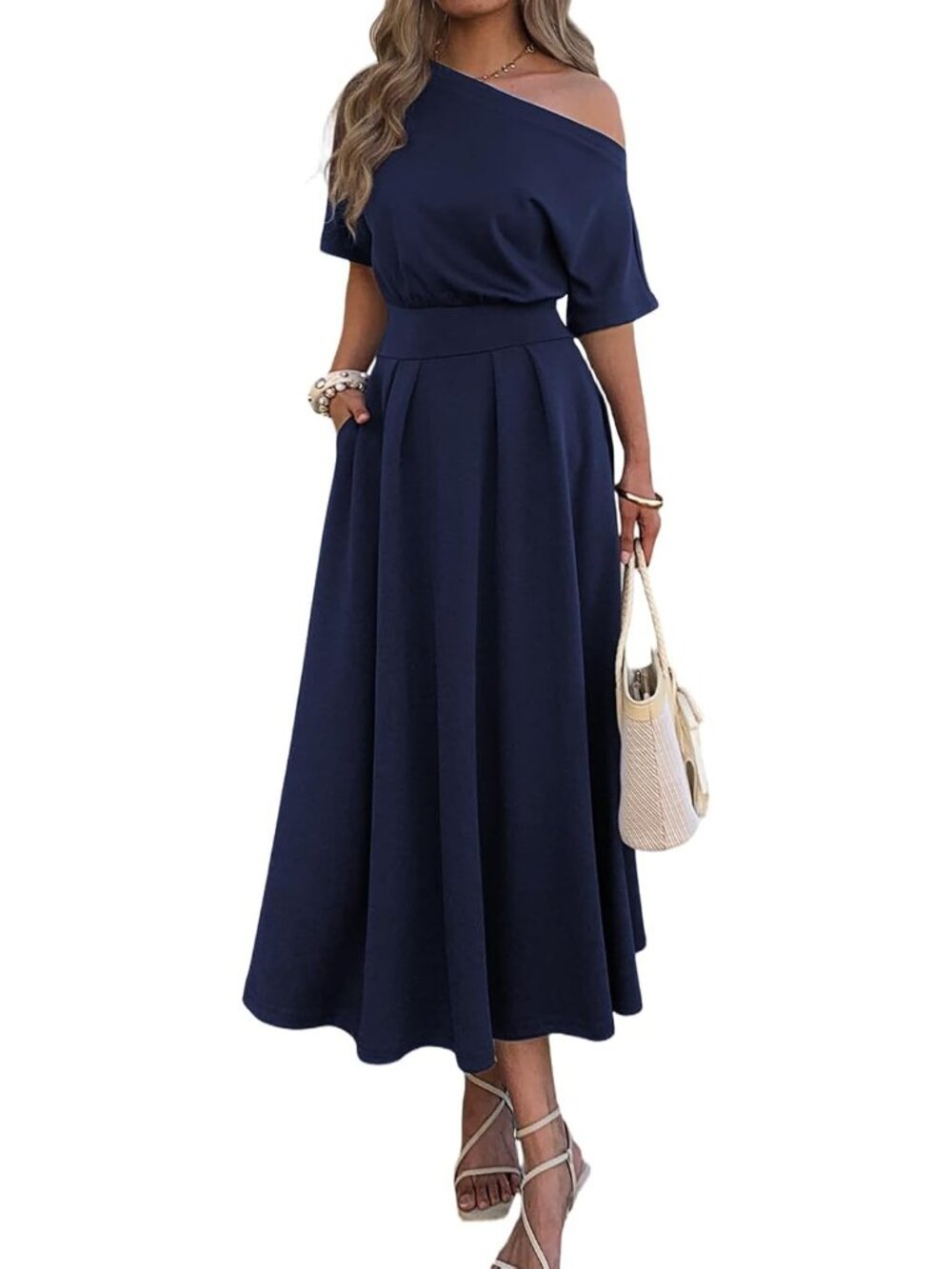 Women's Navy Blue Casual Empire Waist One Shoulder With Pockets Maxi Dresses